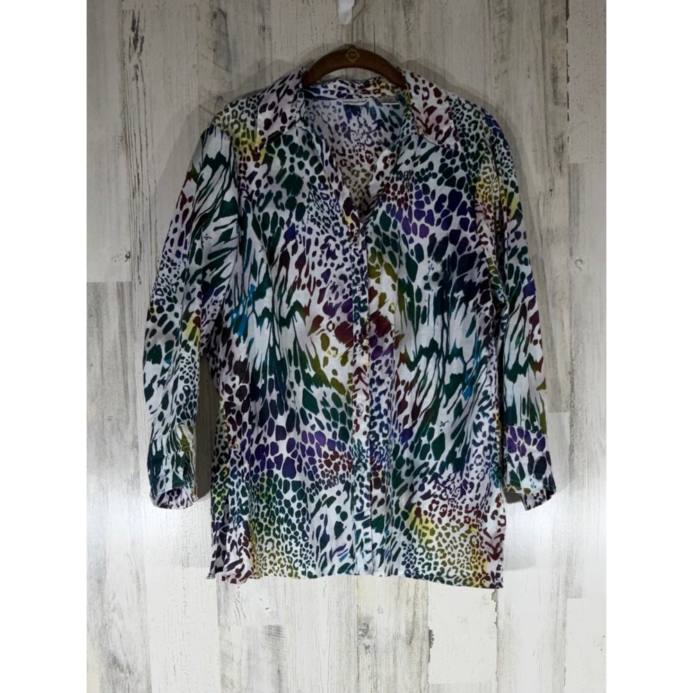 Richard Malcolm Button Up Top Size Large 100% Linen Rainbow Leopard Animal Print